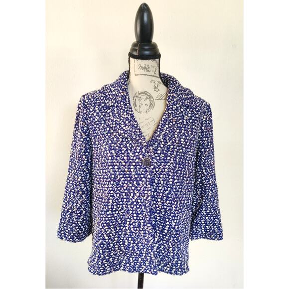 St. John Tweed Jacket Blazer Size 8 Collared Woold Blend Blue & White 3/4 Sleeve - Picture 1 of 12